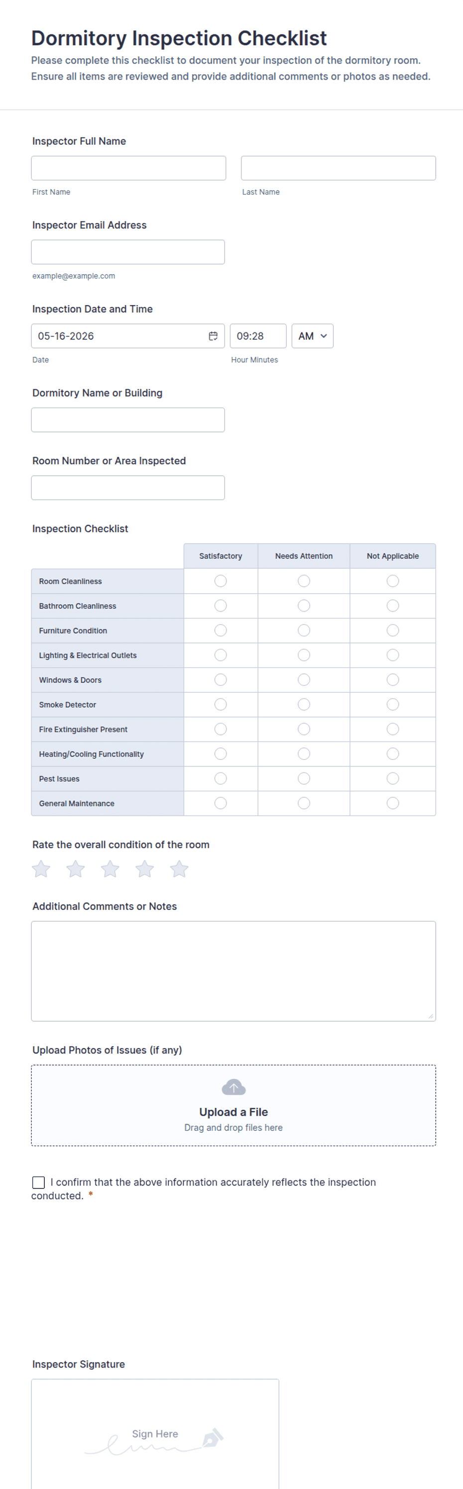 Dormitory Inspection Checklist Form Template | Jotform