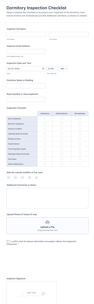 Dormitory Inspection Checklist Form Template