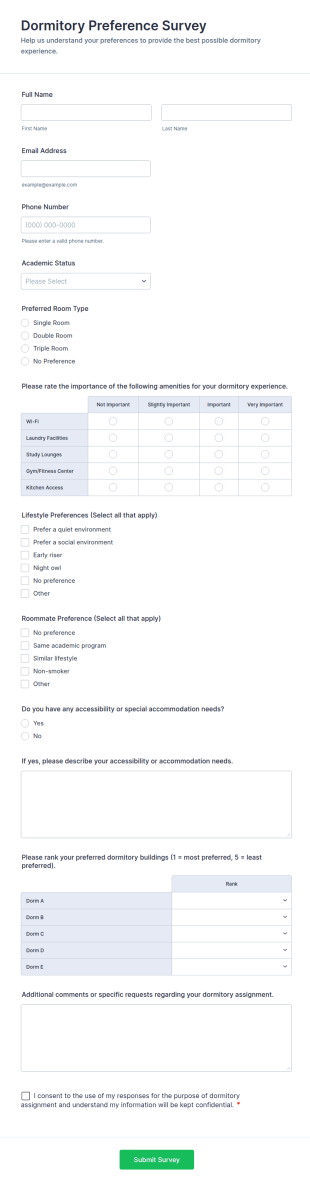 Dormitory Preference Survey Form Template