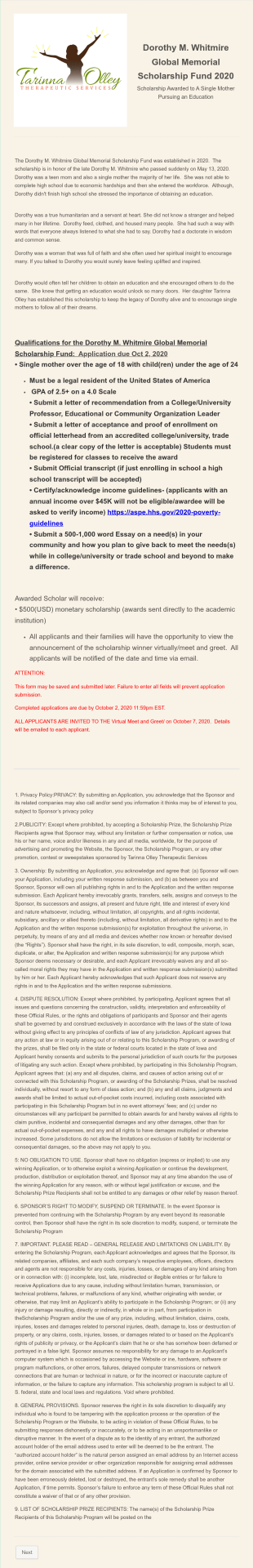 Dorothy M. Whitmire Global Memorial Scholarship Application Form Template