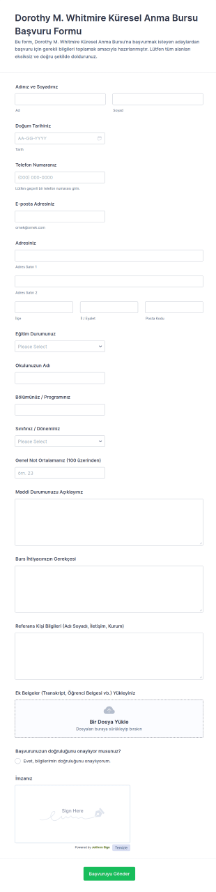 Dorothy M. Whitmire Küresel Anma Bursu Başvuru Form Şablonu