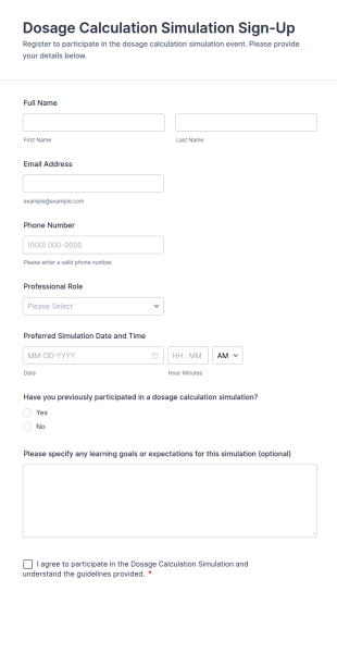 Dosage Calculation Simulation Sign Up Form Template