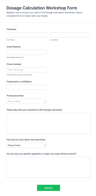 Dosage Calculation Workshop Registration Form Template