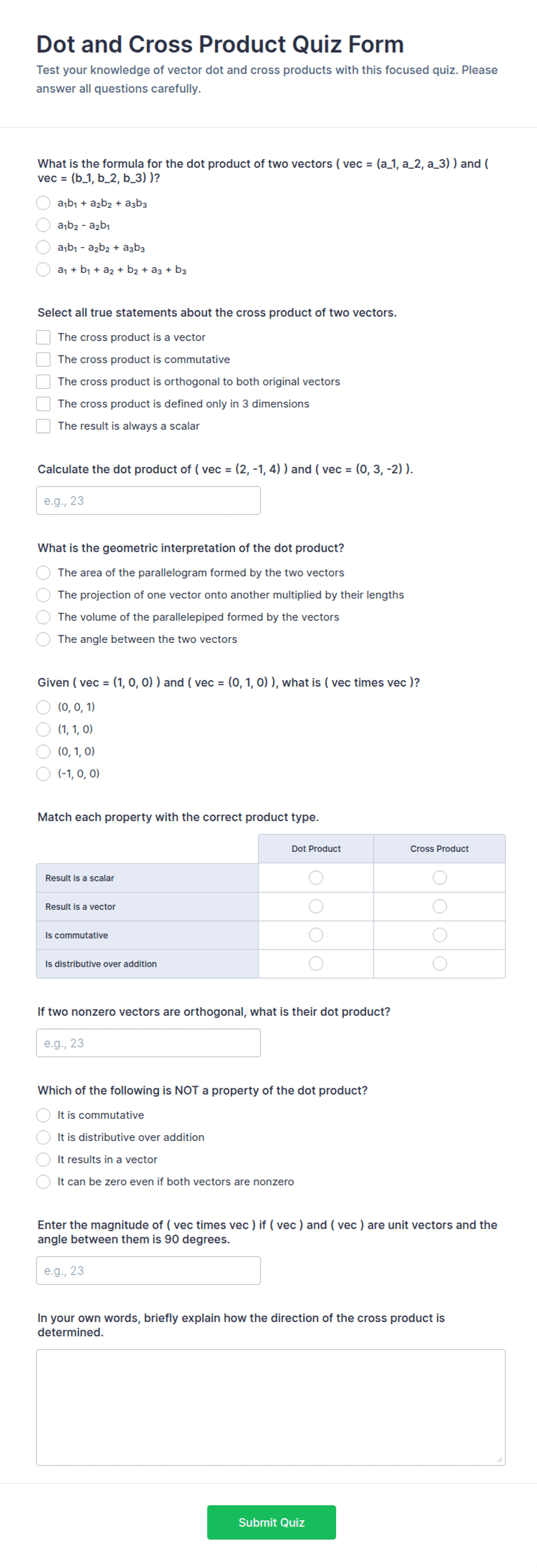 Dot and Cross Product Quiz Form Template | Jotform