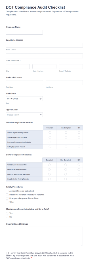 DOT Compliance Audit Checklist Form Template