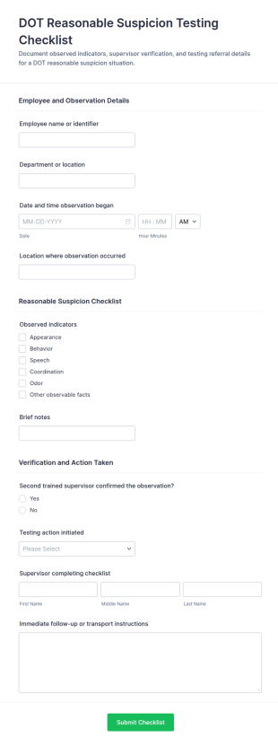 DOT Reasonable Suspicion Testing Checklist Form Template