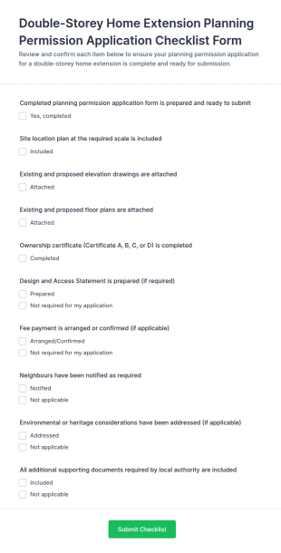 Double Storey Home Extension Planning Permission Checklist Form Template