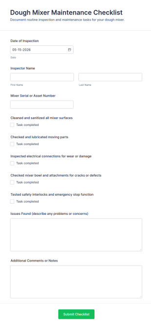 Dough Mixer Maintenance Checklist Form Template