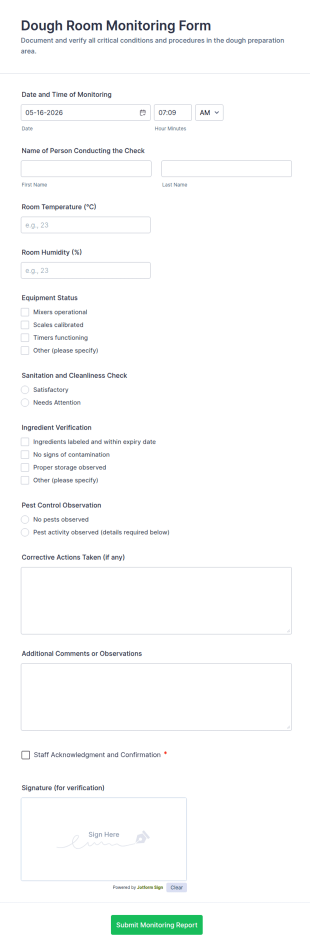 Dough Room Monitoring Form Template