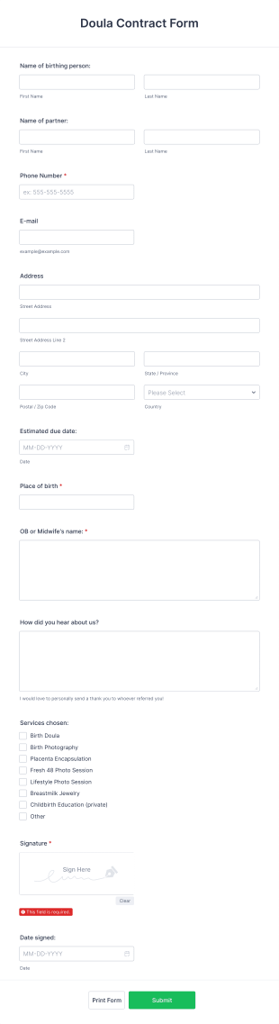 Doula Contract Form Template