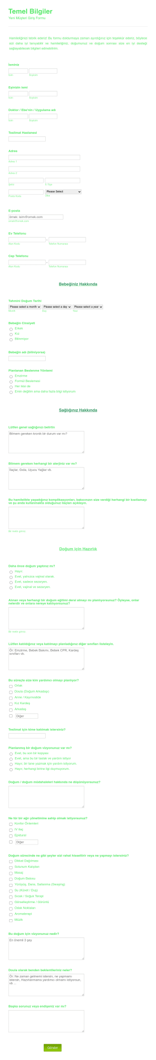 Doula (Doğum Arkadaşı) Giriş Form Şablonu