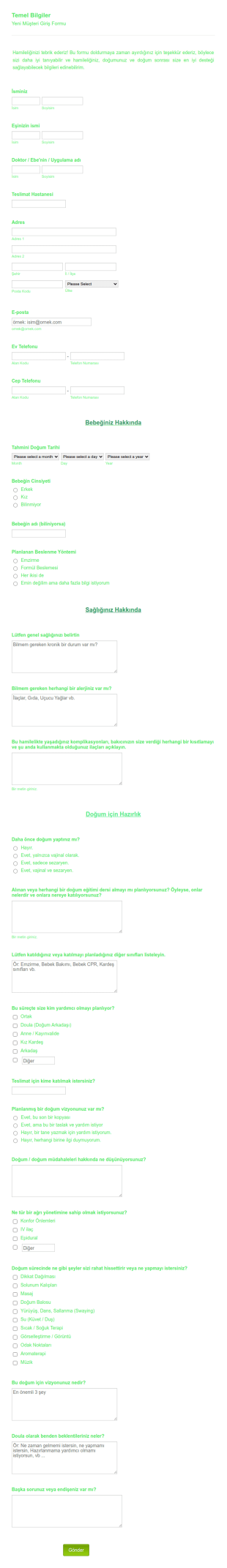 Doula (Doğum Arkadaşı) Giriş Form Şablonu