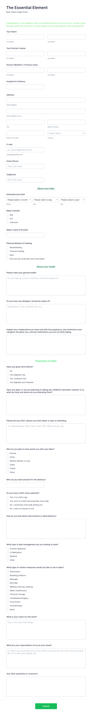 Doula Intake Form Template