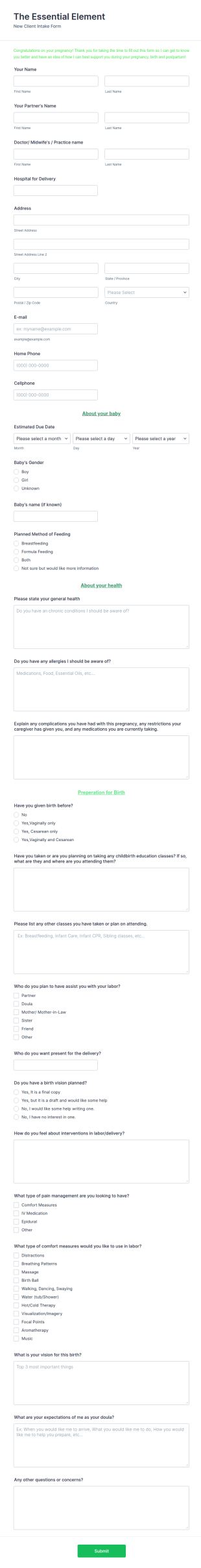 Doula Intake Form Template