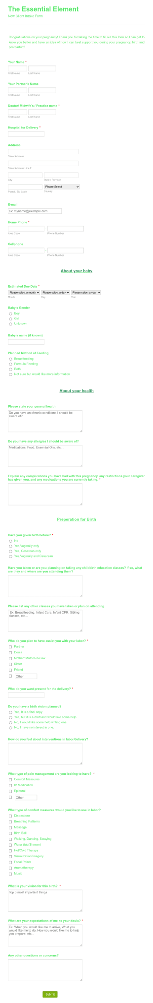 Doula Intake Form Template