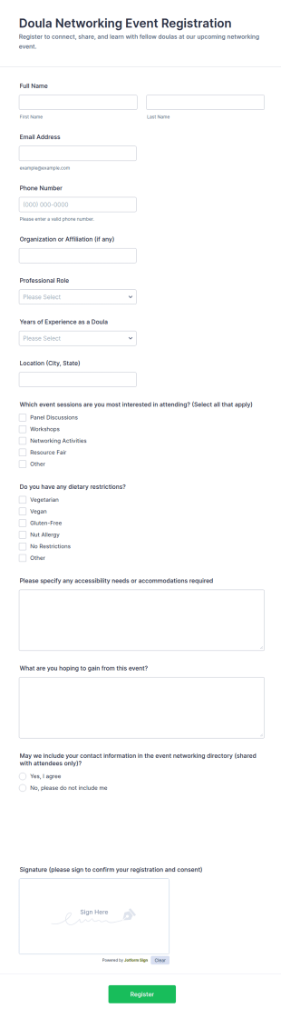 Doula Networking Event Registration Form Template