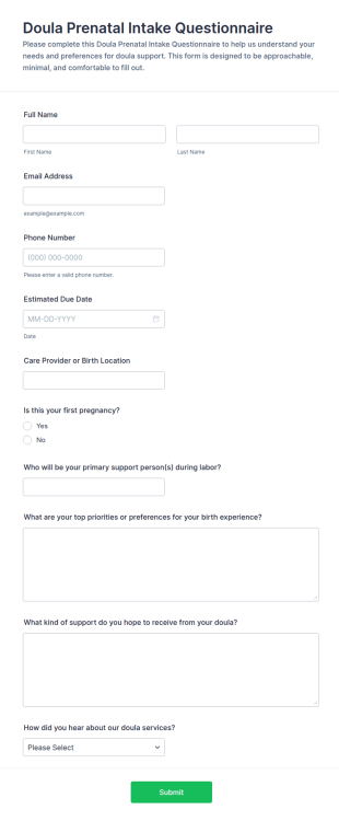 Doula Prenatal Intake Questionnaire Form Template