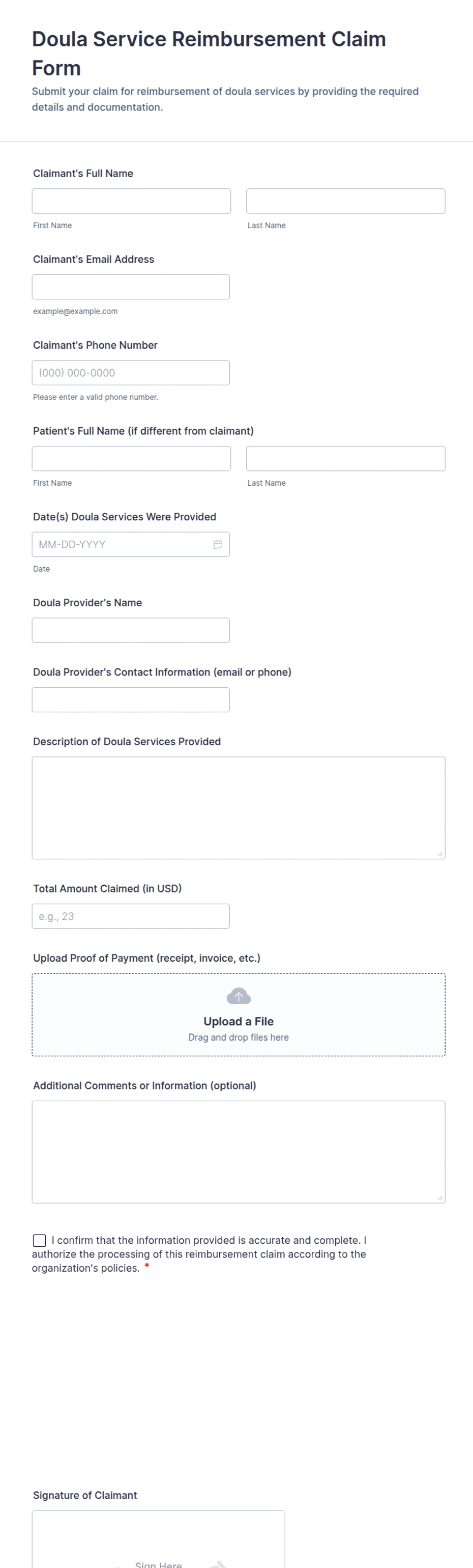 Doula Service Reimbursement Claim Form Template | Jotform