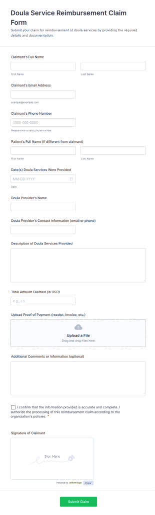 Doula Service Reimbursement Claim Form Template