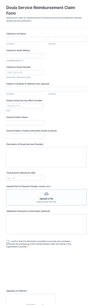 Doula Service Reimbursement Claim Form Template