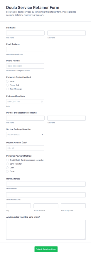 Doula Service Retainer Form Template