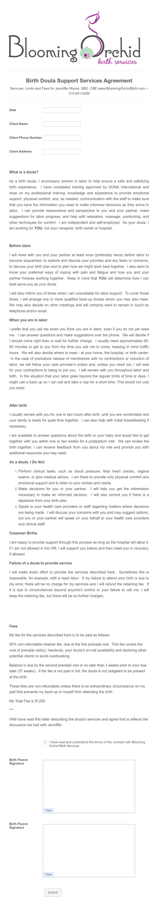 Doula Services Contract Form Template