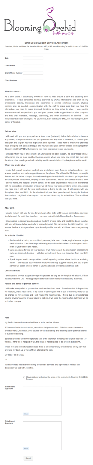 Doula Services Contract Form Template