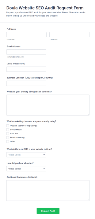 Doula Website SEO Audit Request Form Template