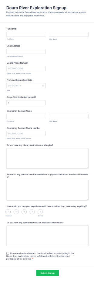 Douro River Exploration Signup Form Template