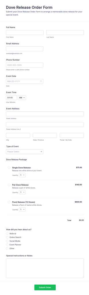 Dove Release Order Form Template
