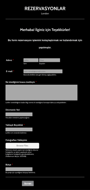Dövme Rezervasyon Form Template