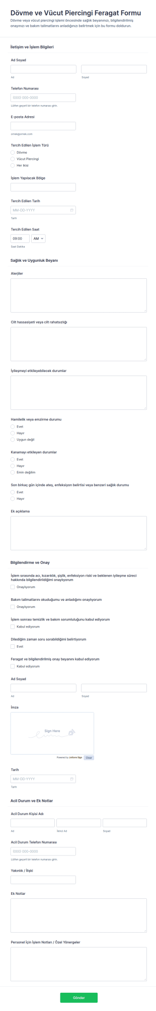 Dövme Ve Vücut Piercing İşlemi Feragatname Form Şablonu