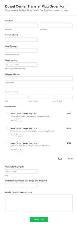 Dowel Center Transfer Plug Order Form Template