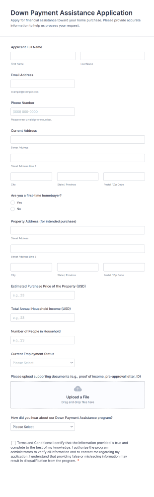 Down Payment Assistance Application Form Template