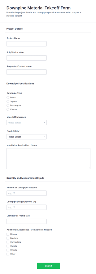 Downpipe Material Takeoff Form Template