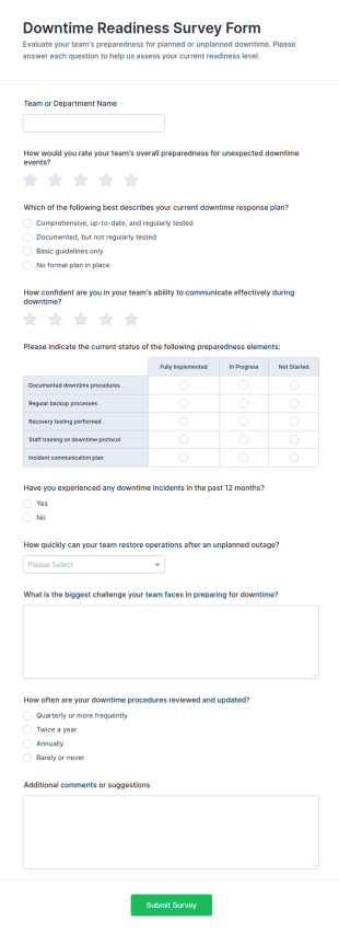 Downtime Readiness Survey Form Template