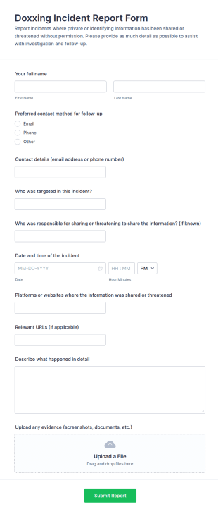 Doxxing Incident Report Form Template