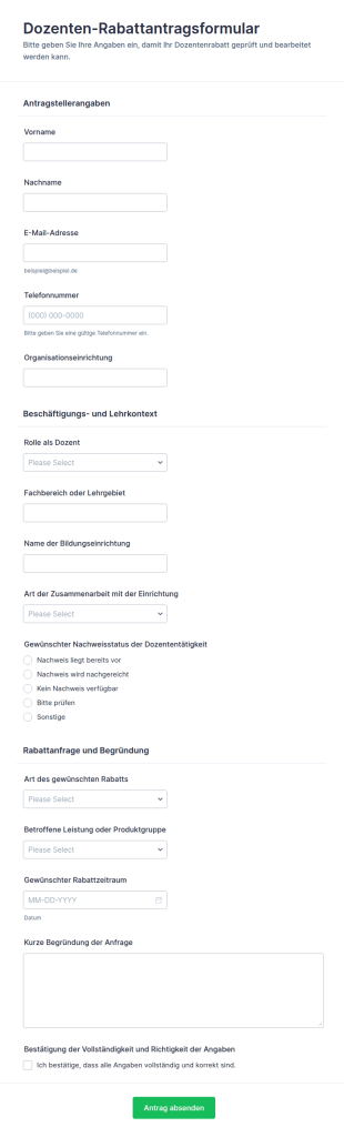 Dozentenermäßigung Anfrageformular