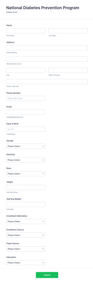 Diabetes Prevention Program Intake Form Template