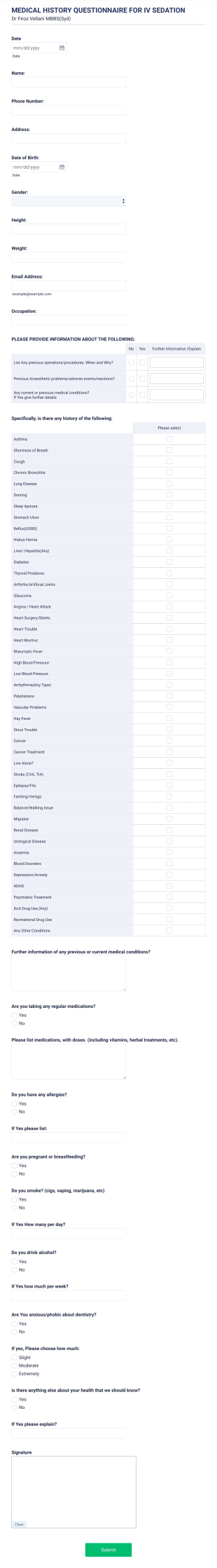 IV Sedation Medical History Form IV Sedation Form Template