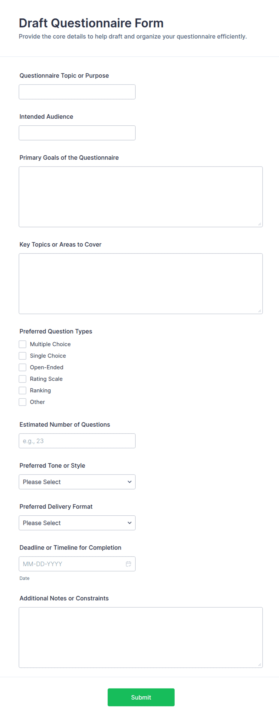 Draft Questionnaire Form Template | Jotform