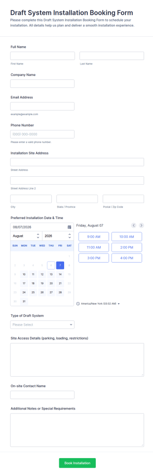 Draft System Installation Booking Form Template