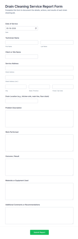 Drain Cleaning Service Report Form Template