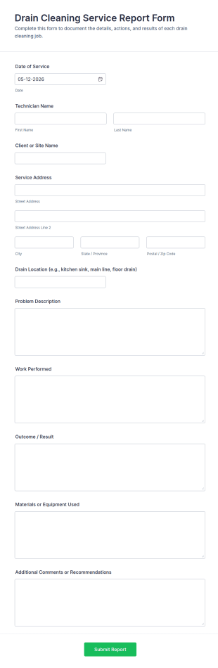 Drain Cleaning Service Report Form Template