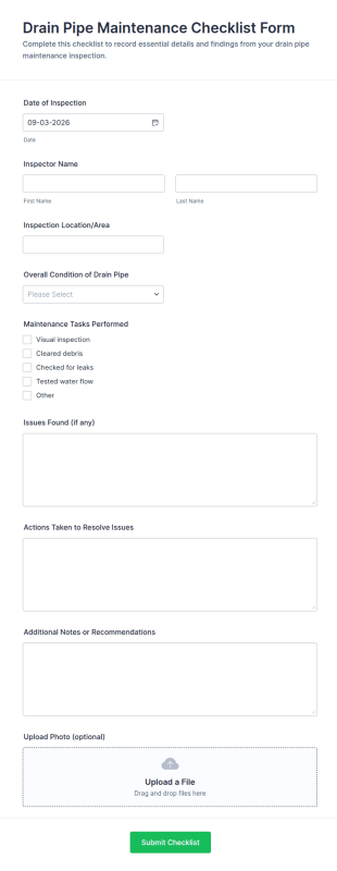 Drain Pipe Maintenance Checklist Form Template