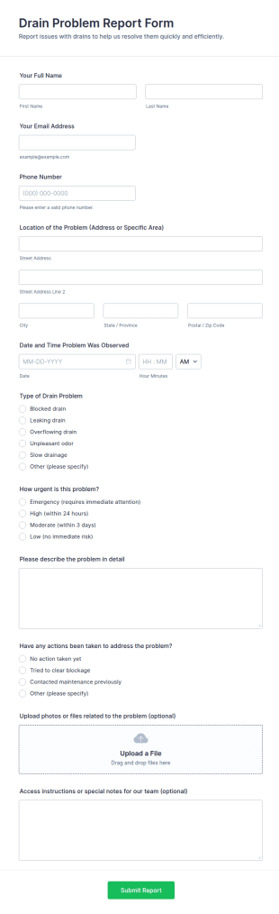 Drain Problem Report Form Template