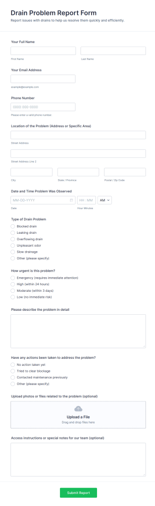 Drain Problem Report Form Template