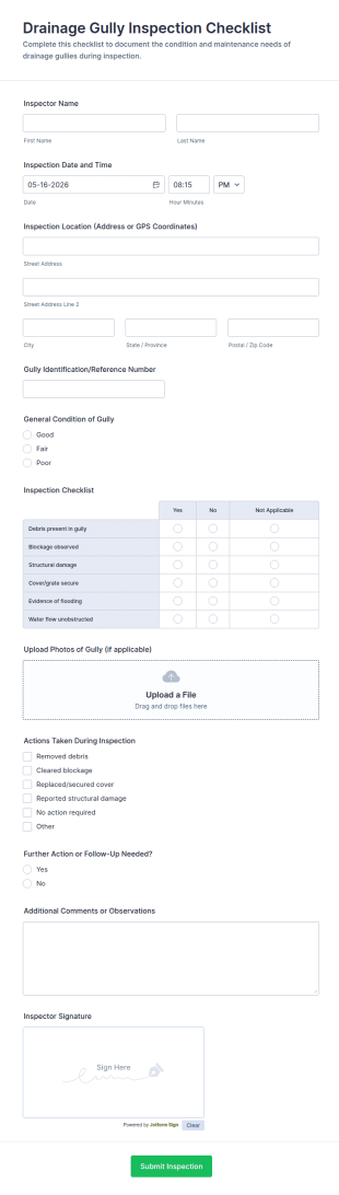 Drainage Gully Inspection Checklist Form Template