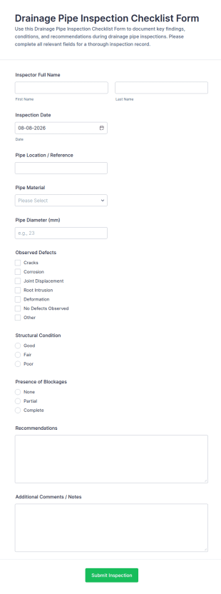 Drainage Pipe Inspection Checklist Form Template