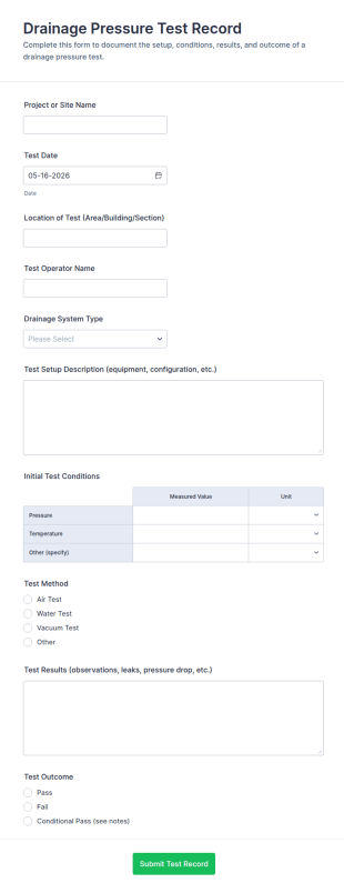 Drainage Pressure Test Record Form Template